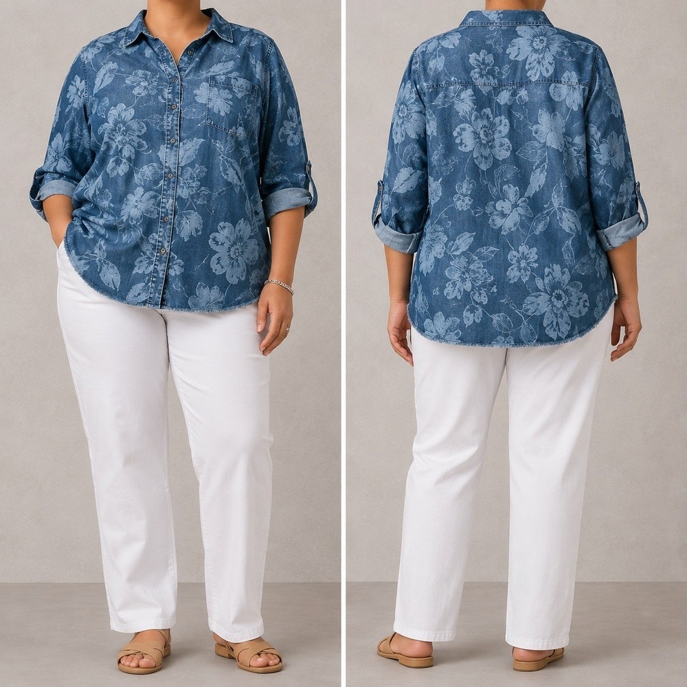 Chico's Button Up Shirt 3 XL Blue Floral Raw Edge Denim Long Sleeve Roll Tab